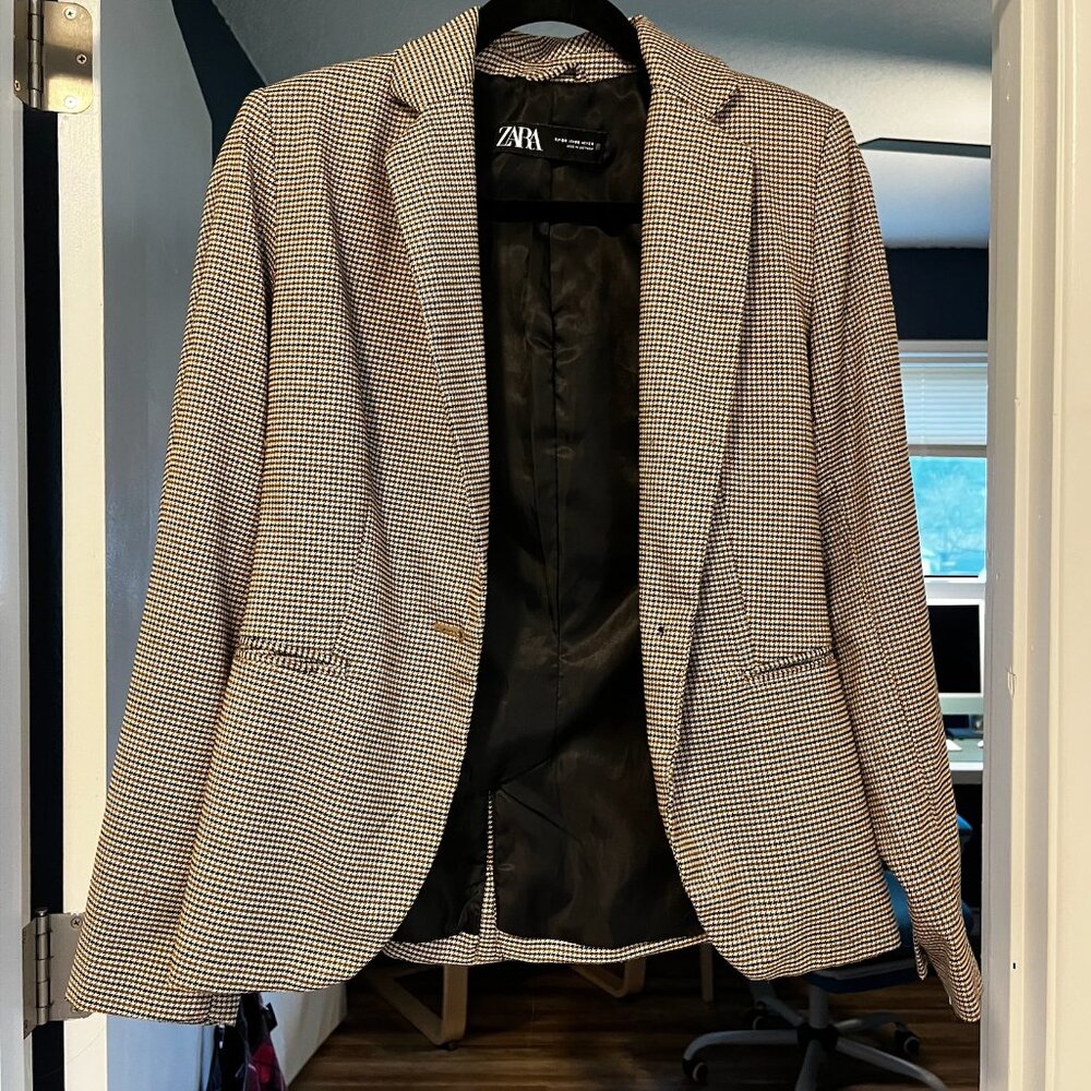 ZARA Tailored Houndstooth Blazer – Brown/Black/White, Size XS (USA 2)